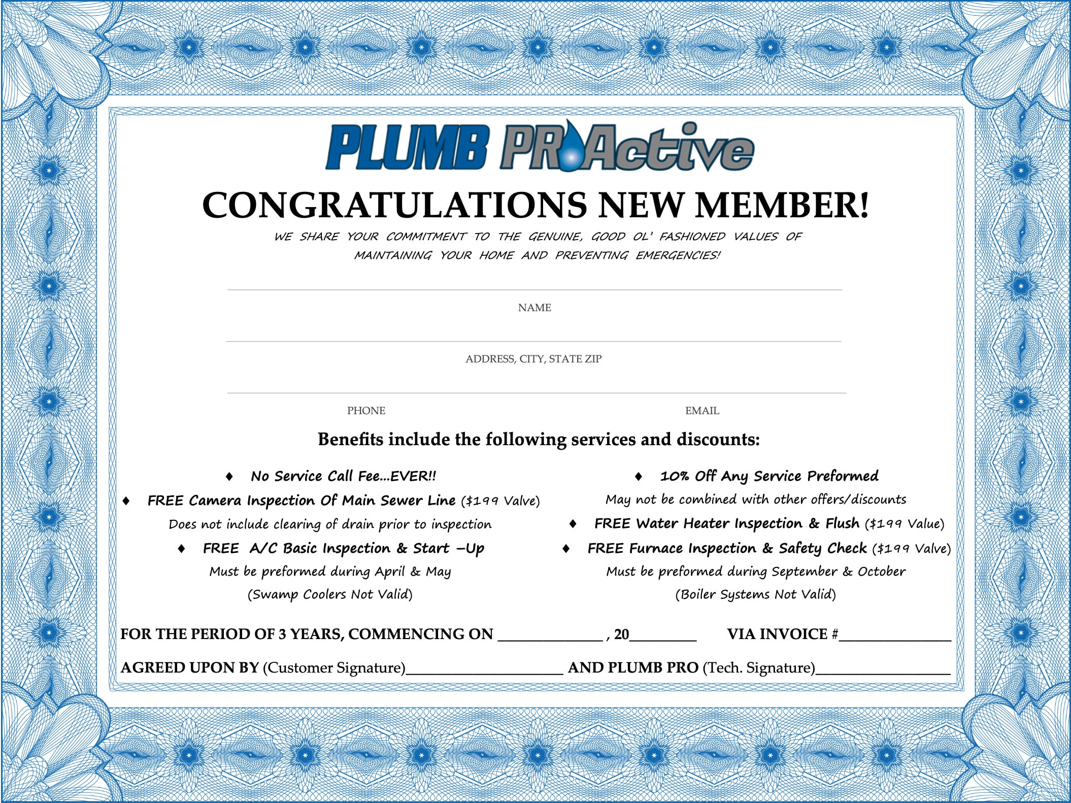 Plumb ProActive maintenance certificate for any homeowner wanting to prevent HVAC or plumbing emergencies in Denver, CO.