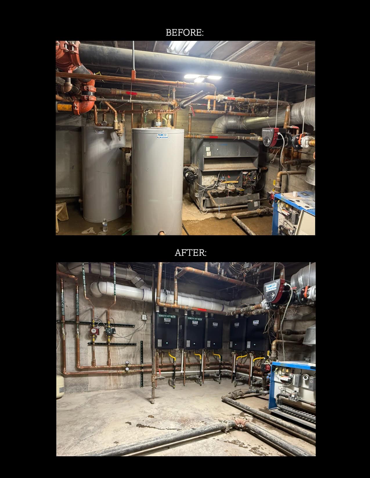Two 200 gallon water heaters converted into 5 tankless water heaters! Top-notch work Plumb Pros! Two 200 gallon water heaters converted into 5 tankless water heaters! Top-notch work Plumb Pros!