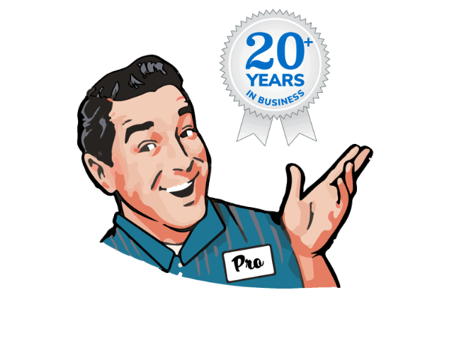 Plumb Pros Inc. technician with their 20+ Years in Business badge.
