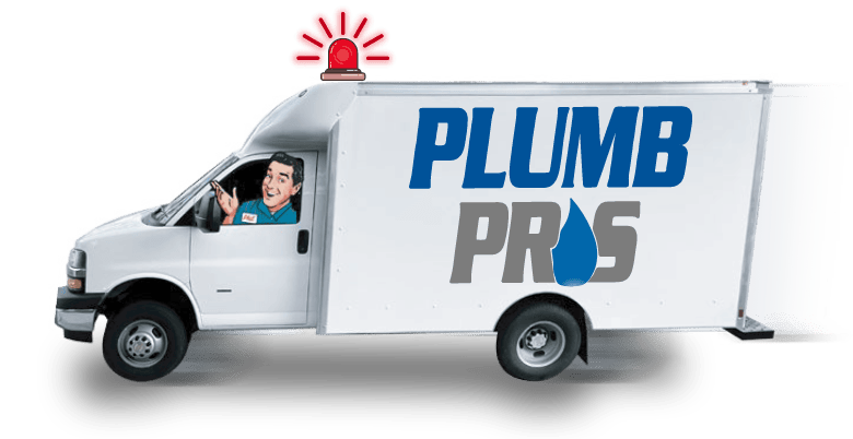 Cartoon version of a Plumb Pros Inc. service vehicle with heating and cooling technician driving.